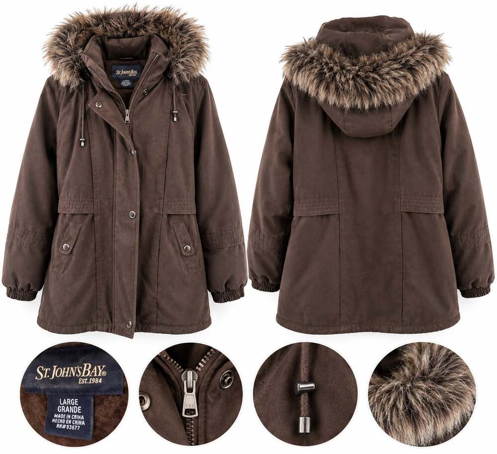 St. John’s Bay Women’s Large Brown Parka Coat Faux Fur Hood Winter Jacket